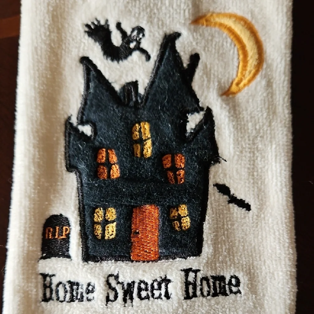 Two Spooky Hand Towels - Black and Orange Spider and Haunted House Motifs